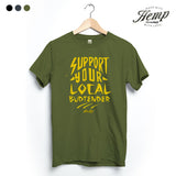 StonerDays Hemp Tee in Herb Green with 'Support Your Local Budtender' print, front view on hanger