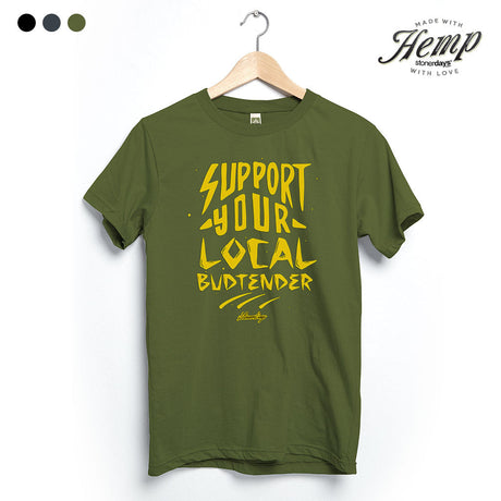StonerDays Hemp Tee in Herb Green with 'Support Your Local Budtender' print, front view on hanger