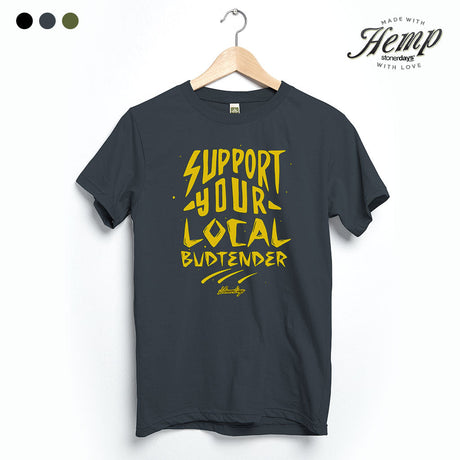 StonerDays Hemp Tee in Smoke Grey with 'Support Your Local Budtender' print, front view on hanger
