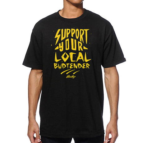 StonerDays black cotton t-shirt with 'Support Your Local Budtender' print, front view on male model