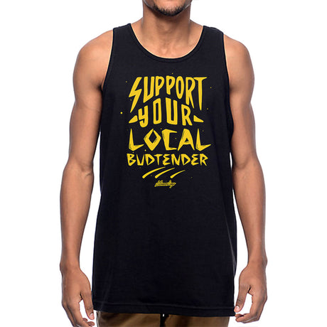 StonerDays men's black tank top with 'Support Your Local Budtender' print, front view