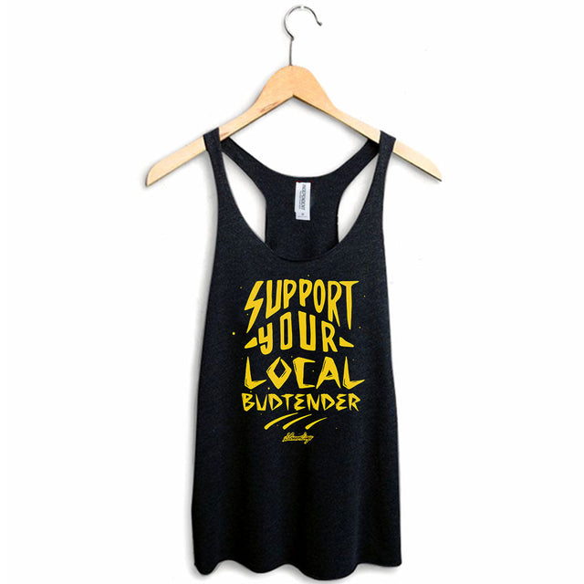 StonerDays Women's Racerback with 'Support Your Local Budtender' print, front view on hanger