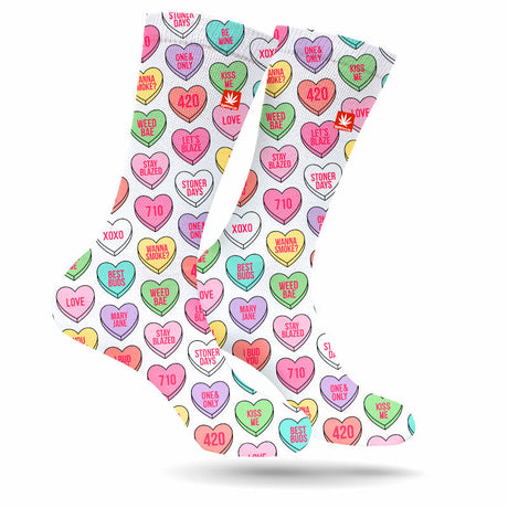 StonerDays Sweethearts Cannabis Socks with colorful weed leaf patterns, front view on white background