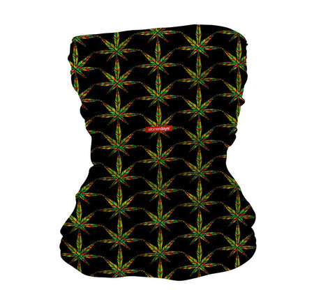 StonerDays Symmetrical Rasta Neck Gaiter featuring cannabis leaf design, front view on white background