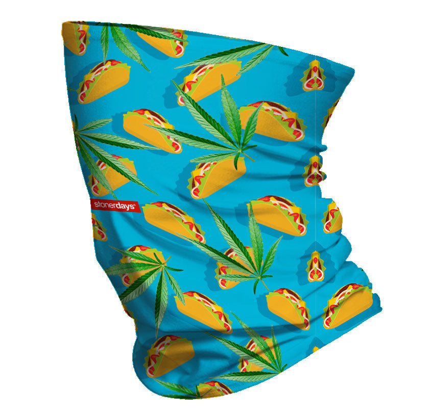 StonerDays Taco Tuesday Neck Gaiter featuring tacos and cannabis leaves on a blue background
