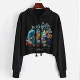 StonerDays Tea Party Crop Top Hoodie in black, featuring colorful print, front view on hanger