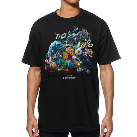 StonerDays Tea Party men's black t-shirt with colorful dab straw design, front view on model