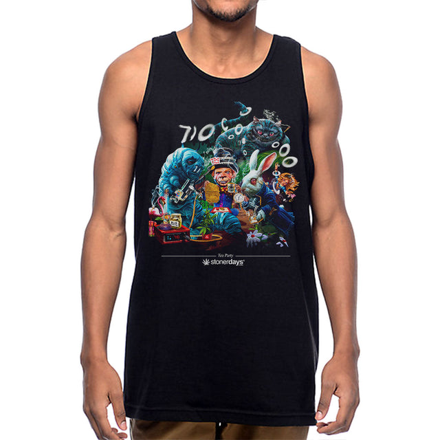 StonerDays Tea Party Tank top featuring dab straw design on a male model, sizes S to XXXL