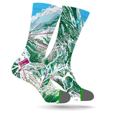 StonerDays Telluride Socks with vibrant marijuana leaf and ski map design, front view