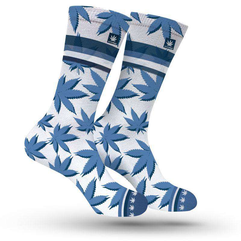 StonerDays Tennessee Marijuana Socks in blue with cannabis leaf design, front view on white background