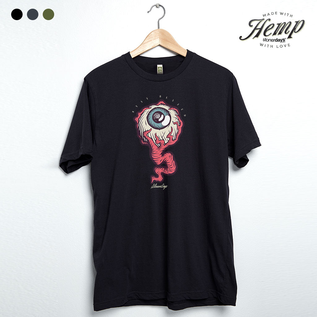 StonerDays The Red Eye Hemp T-shirt in Caviar Black hanging on a wooden hanger, front view
