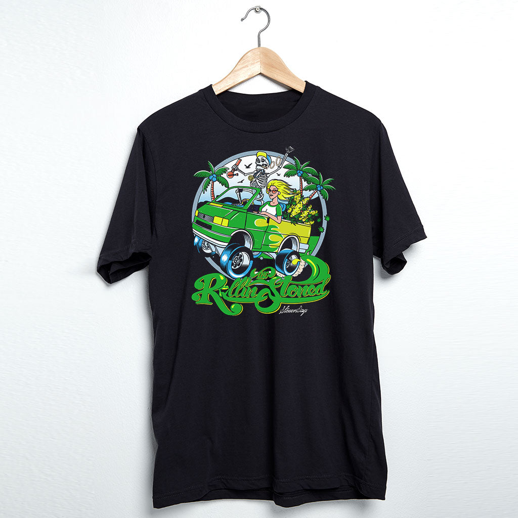 StonerDays men's black cotton t-shirt with Rollin Stoned graphic, front view on hanger