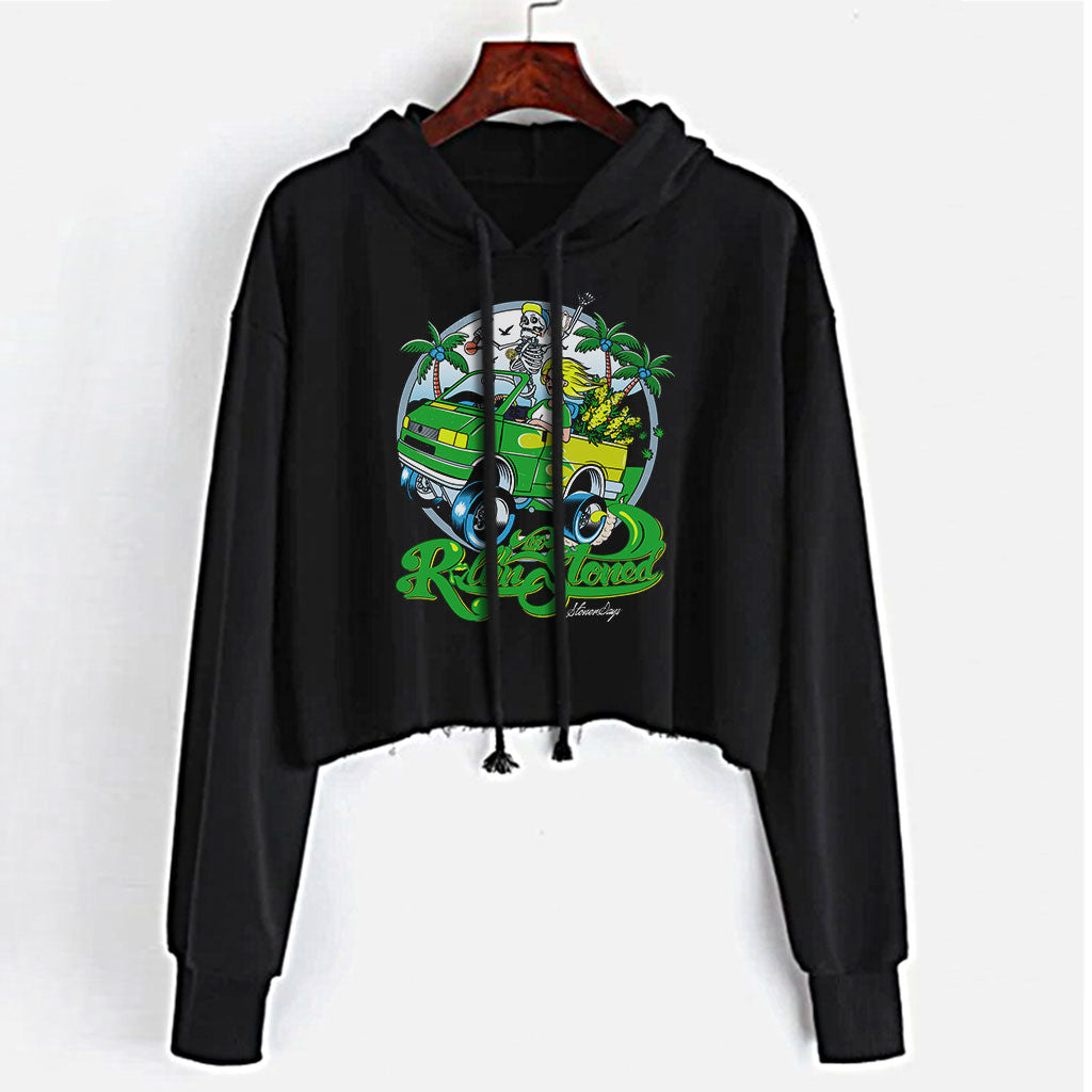 StonerDays Rollin Stoned Women's Crop Top Hoodie in Black with Green Graphic, Front View