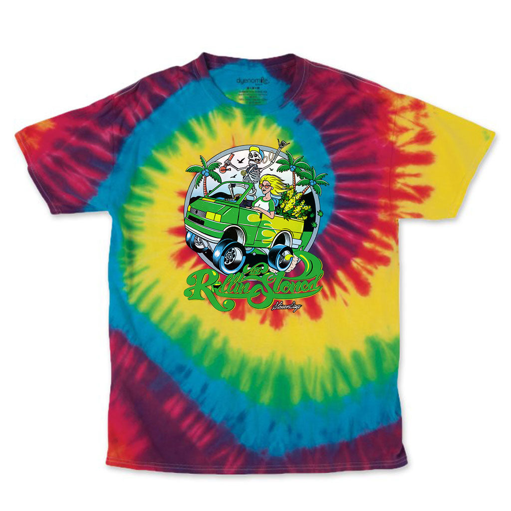 StonerDays Men's Rollin Stoned Rainbow Tie Dye Tee front view on white background