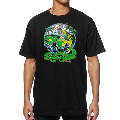 StonerDays 'The Rollin Stoned' black cotton t-shirt with vibrant graphic, front view on male model