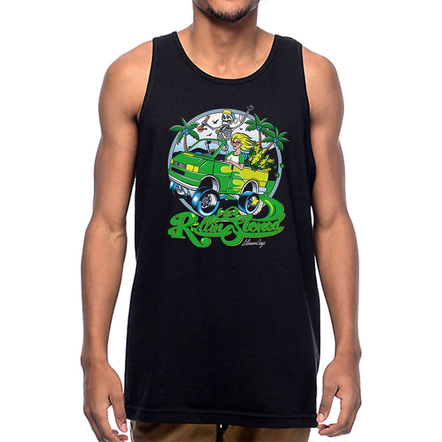 Man wearing StonerDays Rollin Stoned Tank in Teal, front view, sizes S-XXXL, cotton blend