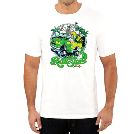 StonerDays The Rollin Stoned White Tee featuring colorful chillum design, front view on model, sizes S-3XL