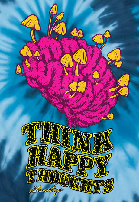 StonerDays Men's Blue Tie Dye Tee with Think Happy Thoughts Graphic, Cotton