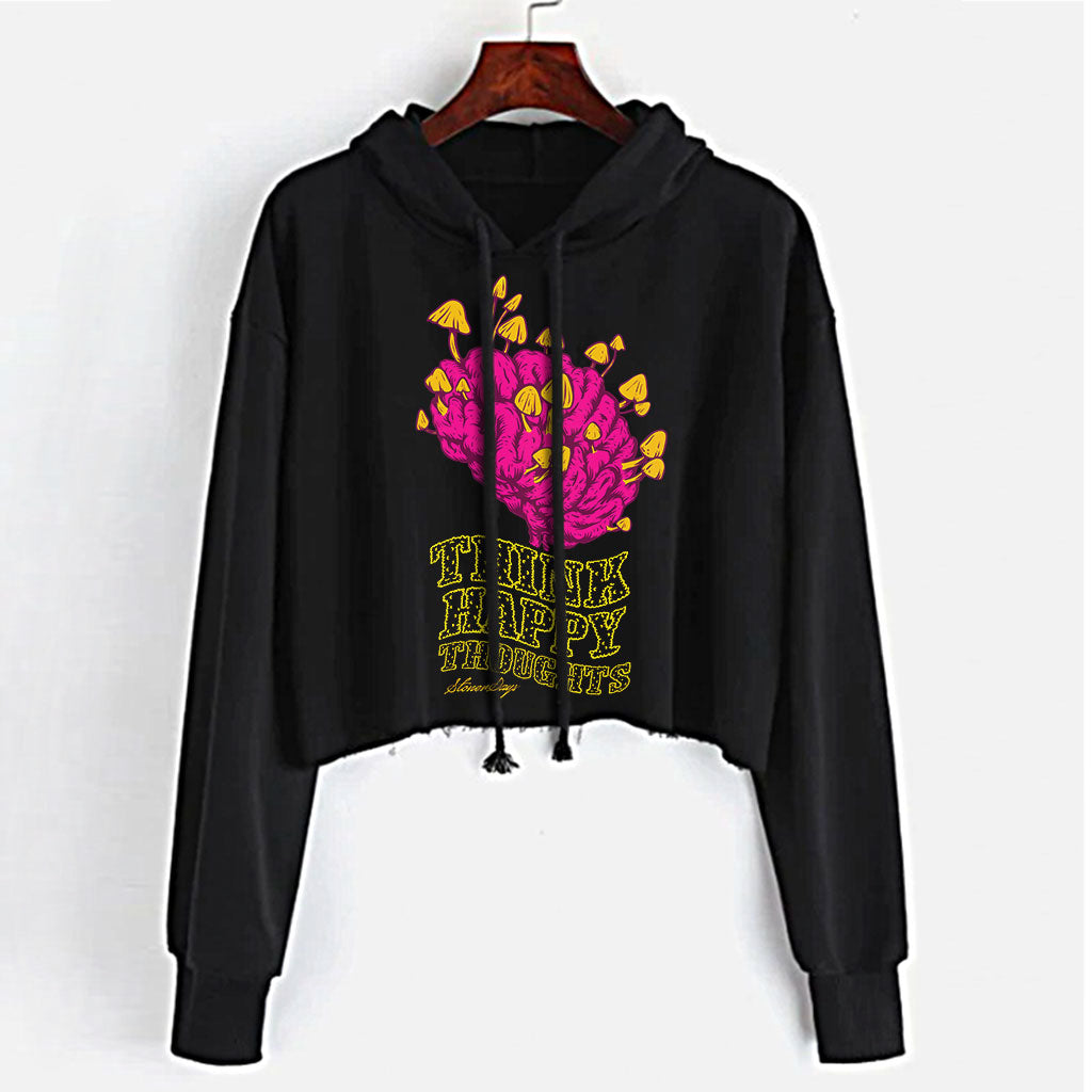 StonerDays Think Happy Thoughts Women's Crop Top Hoodie in Black - Front View