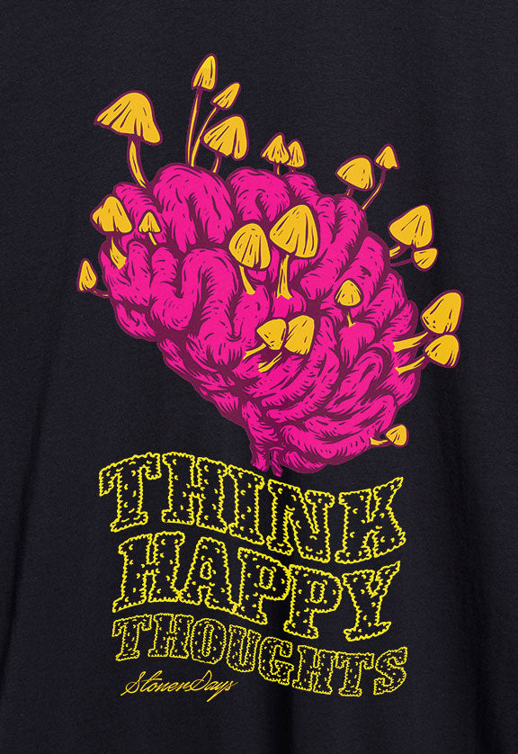 Close-up of StonerDays Think Happy Thoughts Hoodie, black with vibrant graphic print