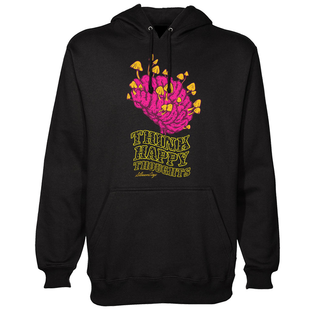 StonerDays Think Happy Thoughts Hoodie in black, front view with vibrant graphic print