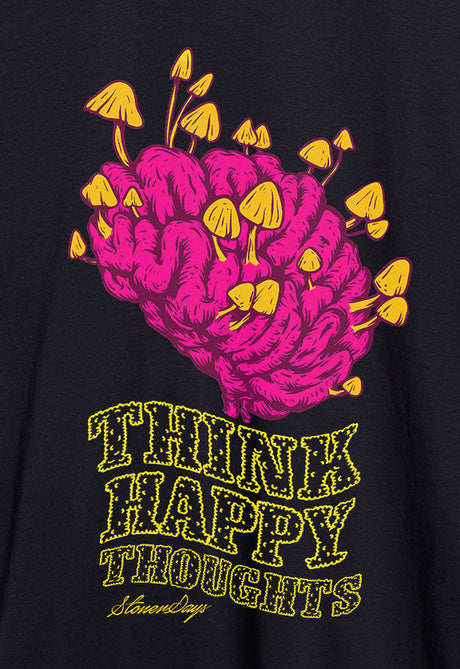 Close-up of StonerDays Men's Shirt with Think Happy Thoughts design in vibrant colors