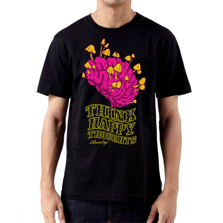 StonerDays Think Happy Thoughts Men's Shirt in black, front view on model, sizes S to 3XL
