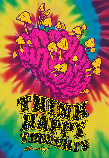StonerDays Men's Cotton Tee with Think Happy Thoughts Print and Rainbow Tie Dye Design