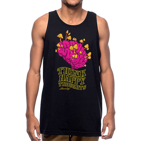 StonerDays Think Happy Thoughts black tank top, front view on male model, sizes S to 3XL, cotton blend