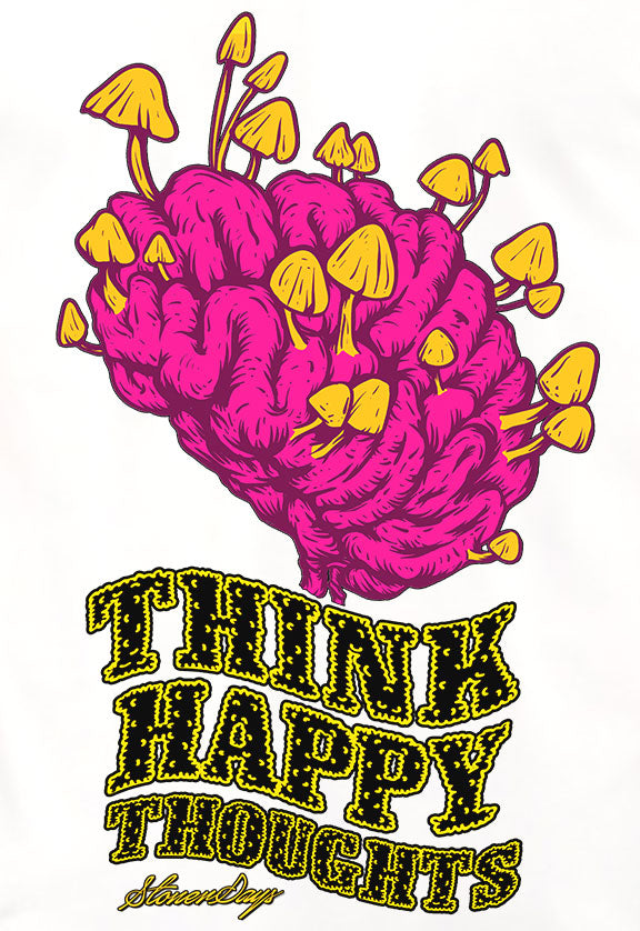 StonerDays Think Happy Thoughts White Tee featuring a vibrant brain with mushrooms design