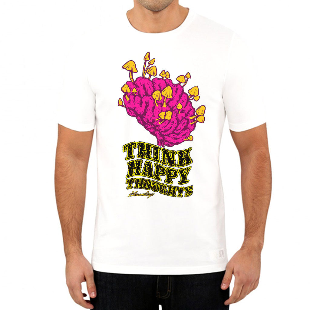 StonerDays Think Happy Thoughts White Tee with vibrant graphic, front view on male model