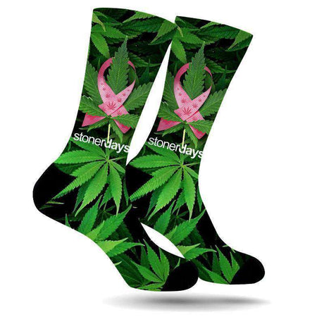 StonerDays Think Pink Support Combo socks with green cannabis leaves on white background