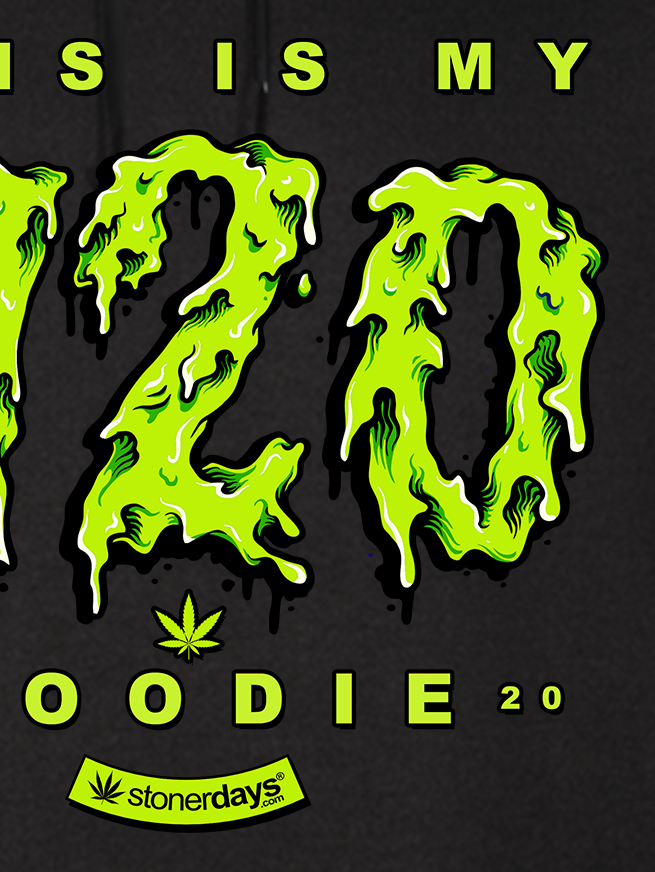 StonerDays men's black and green 420 hoodie with dripping text design, front view
