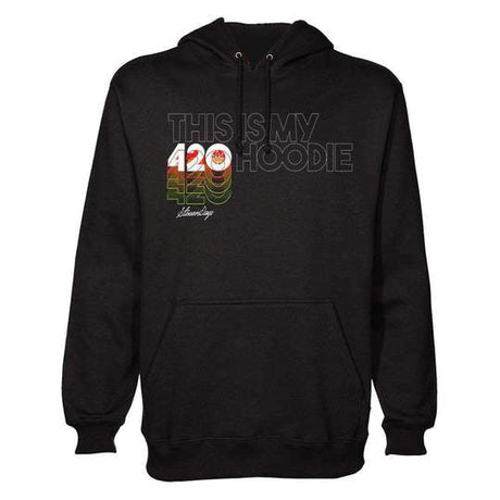 StonerDays black hoodie with 'This Is My 420 Hoodie' print in Rasta colors, front view