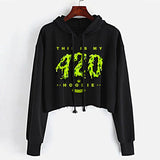 StonerDays Women's 420 Hoodie Crop Top in Black with Green Print, Front View