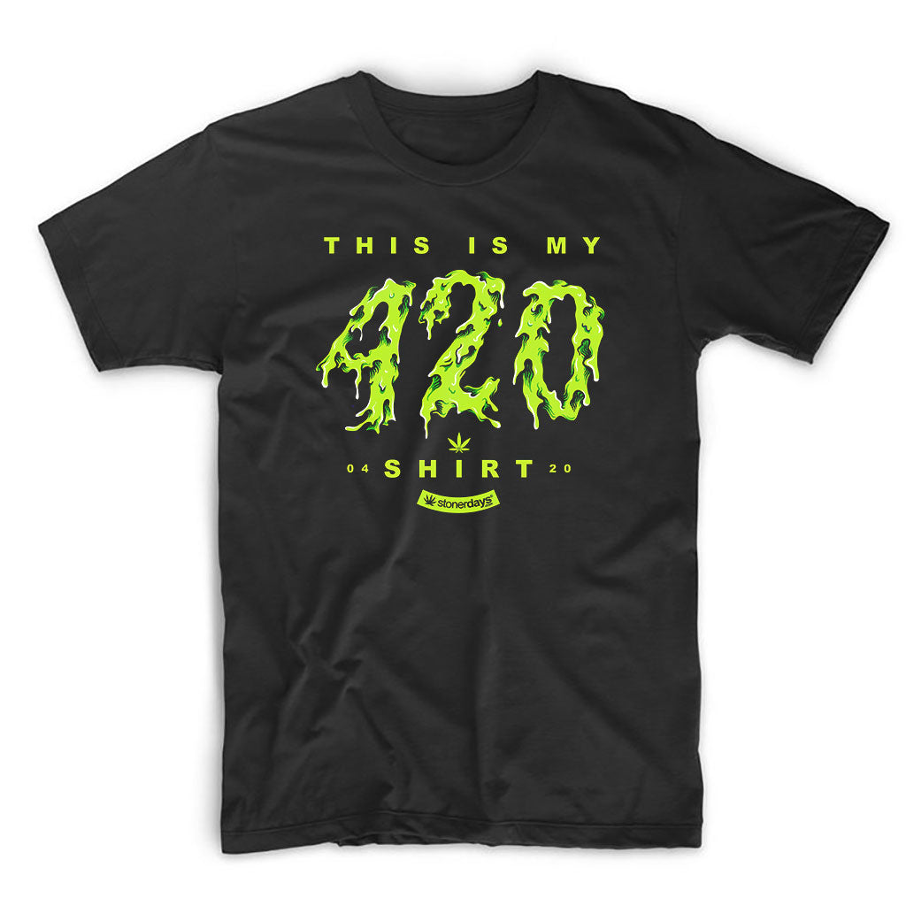 StonerDays men's black cotton t-shirt with 'This Is My 420 Shirt' in green print, front view