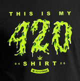 StonerDays men's black cotton t-shirt with green 'This Is My 420 Shirt' graphic, front view