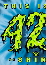 StonerDays blue tie-dye 420 shirt with bold green dripping numbers front view