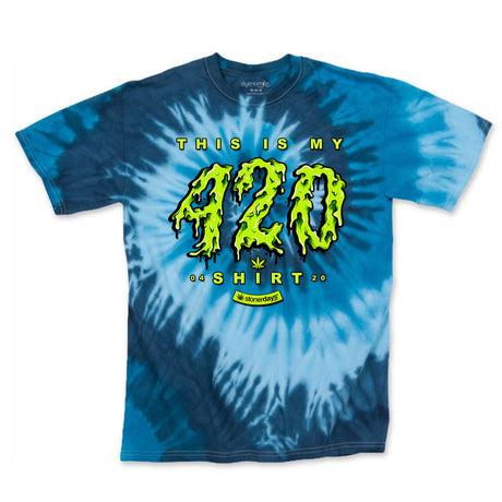 StonerDays blue tie-dye 420 shirt with vibrant green text, front view on white background