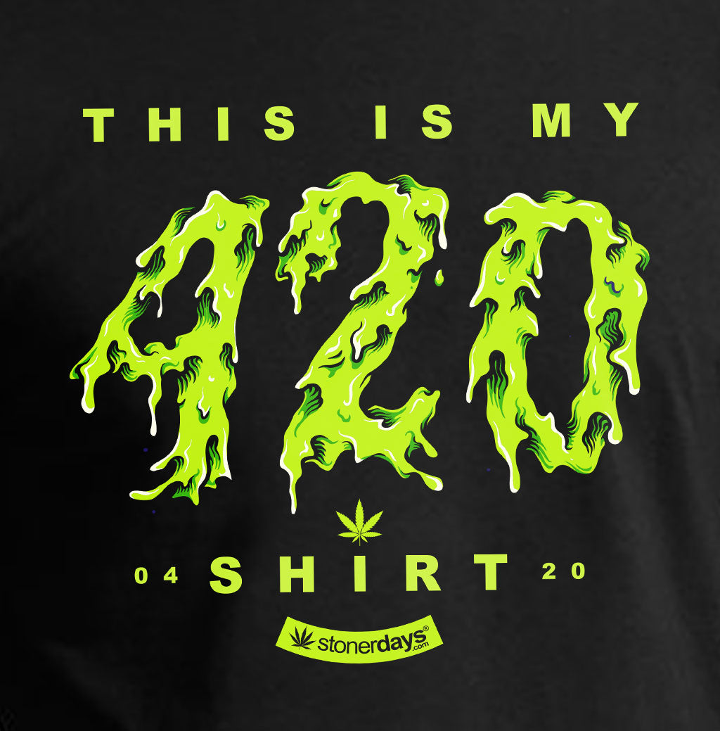 StonerDays men's black long sleeve shirt with green 'This Is My 420' print, front view