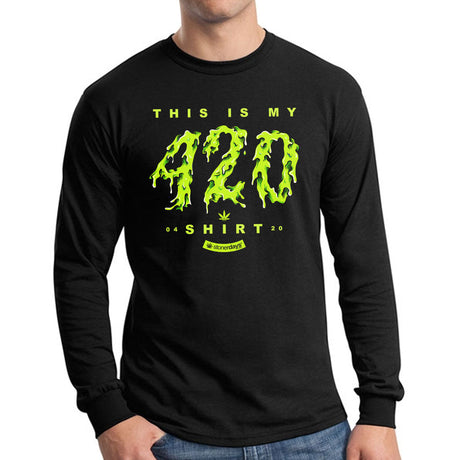 StonerDays men's long sleeve cotton shirt in black with green 'This Is My 420 Shirt' print, front view.