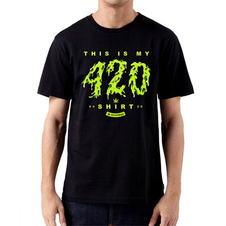 StonerDays black cotton t-shirt with vibrant green 'This Is My 420 Shirt' print, front view, available in various sizes