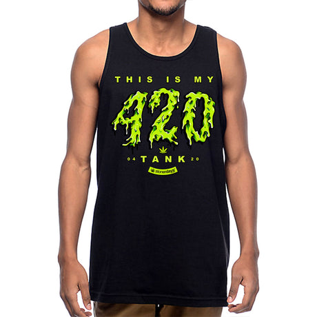 StonerDays black tank top with green "This Is My 420" print, front view on male model