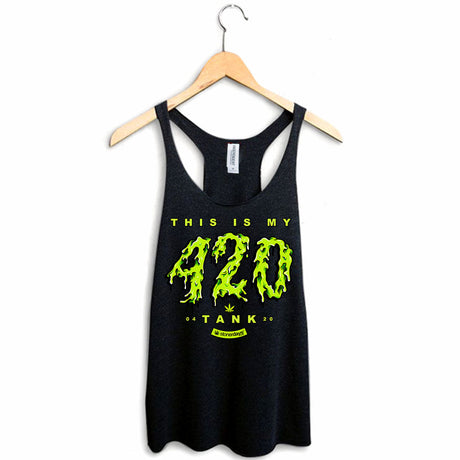 StonerDays Women's Racerback Tank in Black with Green 420 Print, Hanging on Wooden Hanger