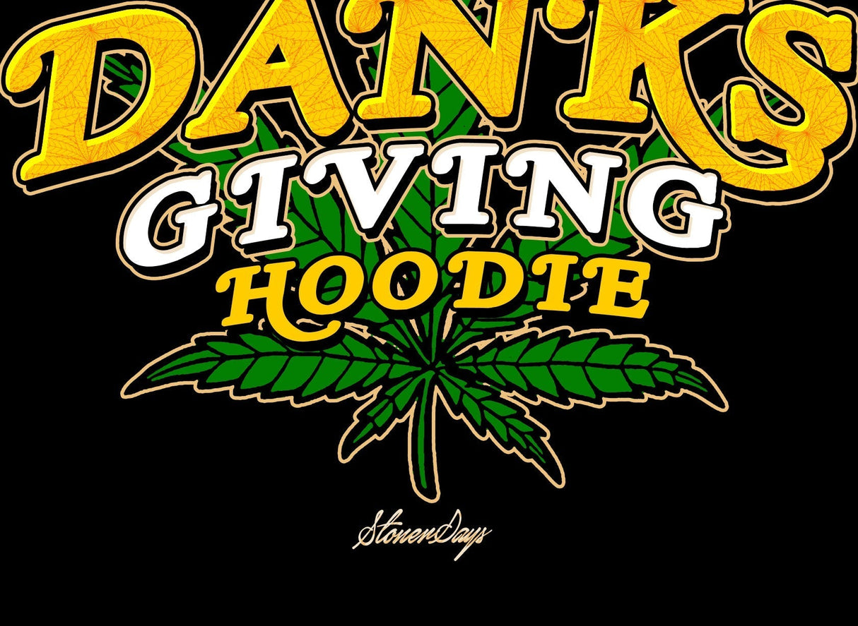StonerDays Danksgiving Crop Hoodie design close-up with cannabis leaf graphic