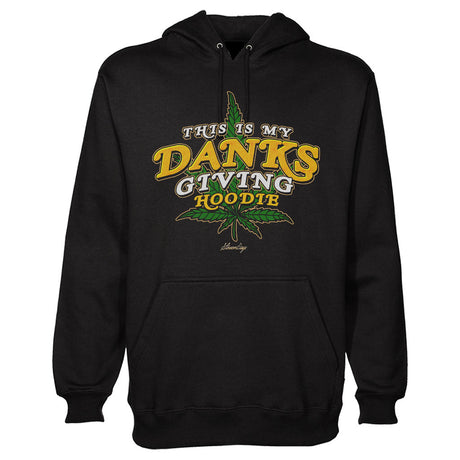 StonerDays black Danksgiving hoodie with cannabis leaf design, front view on a white background