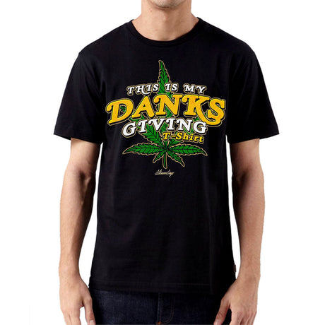 StonerDays black cotton T-shirt with 'This Is My Danksgiving' print, front view on model