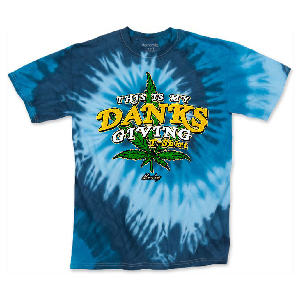 StonerDays Danksgiving Tie Dye Tee in blue, featuring a cannabis leaf design, front view on white background.