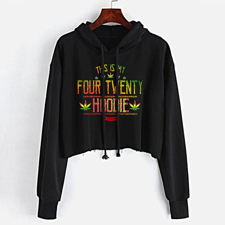 StonerDays black crop top hoodie with 'This Is My Four Twenty' print, front view, available in S-XL