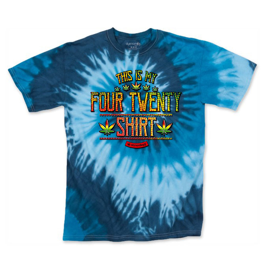 StonerDays blue tie-dye cotton t-shirt with 'This Is My Four Twenty Shirt' graphic, front view